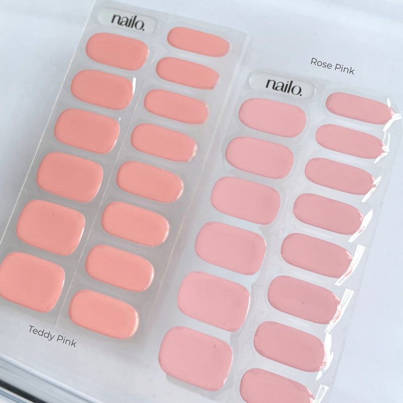 Nailo gellak stickers Teddy Pink naast Rose Pink, warm roze