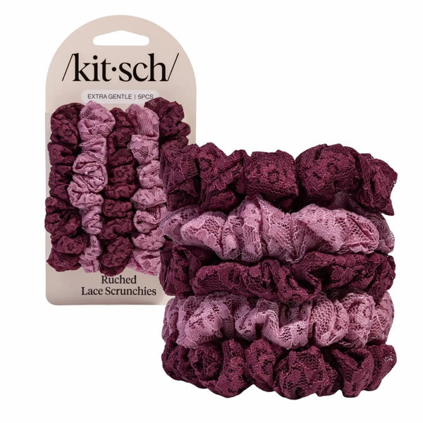 Kitsch Ruched Lace Scrunchies Set Cherry Lacquer & Dusty Pink