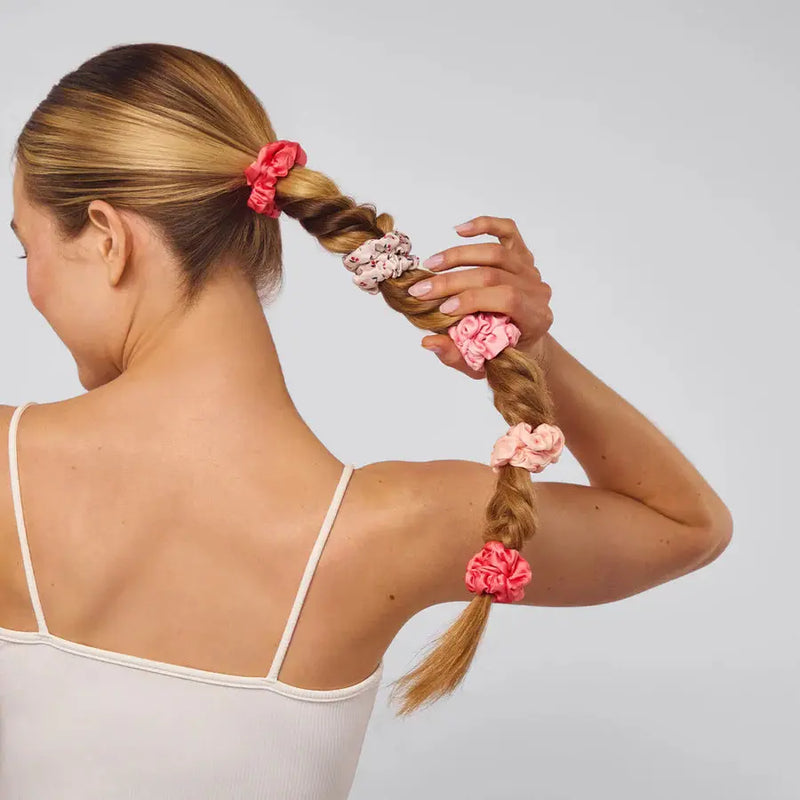 Kitsch Ruched Satin Scrunchies 5pc Set Assorted Cherry Blossom