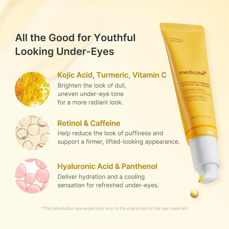 Medicube Kojic Acid Turmeric Vita Eye Gel Serum in een witte fles met pompje