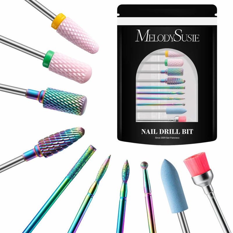 MelodySusie Tungsten Carbide & Ceramic 10pcs Nail Drill Bits Set Pink & Colorful