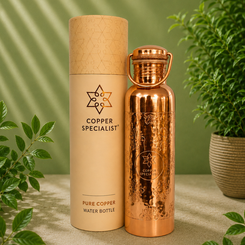Ayurveda Specialist Pure Copper Water Bottle Flower Pattern with Handle, koperen waterfles met bloemenpatroon en handvat