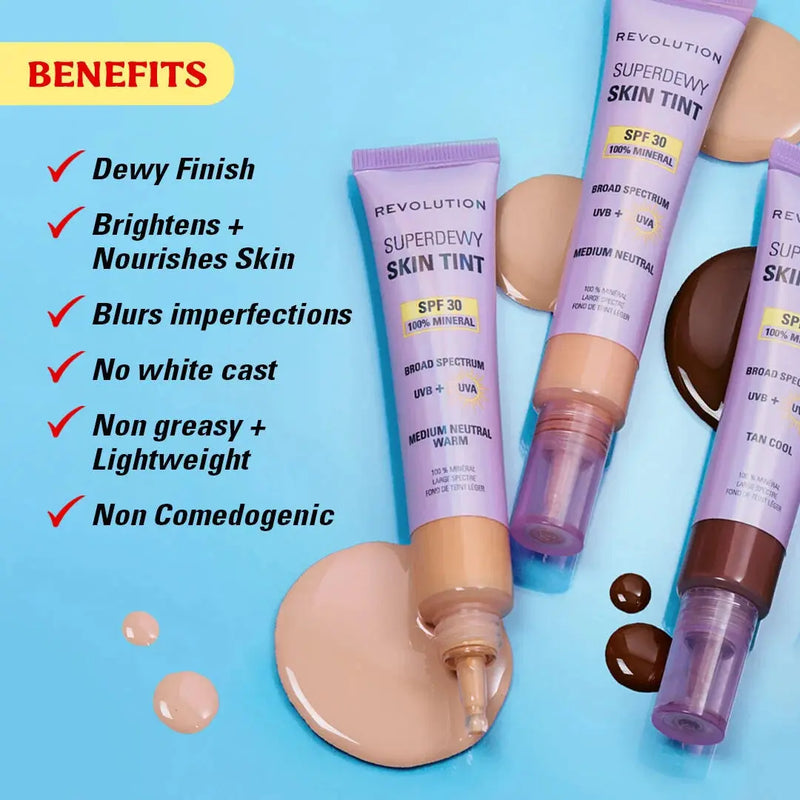 Revolution Superdewy SPF30 Skin Tint Medium Tan Neutral, minerale foundation met SPF30, foto 4 van 5