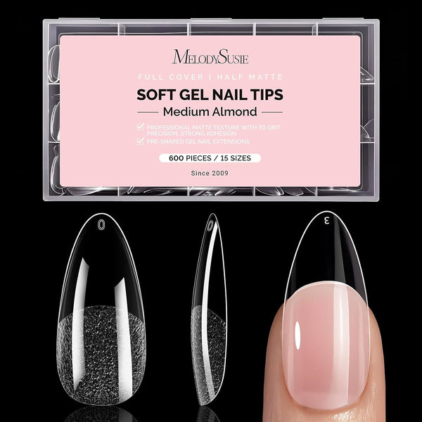 Heldere half matte nageltips in medium almond, 600 stuks in 15 maten