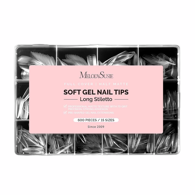 Heldere half matte nageltips in long almond stiletto, 600 stuks in 15 maten