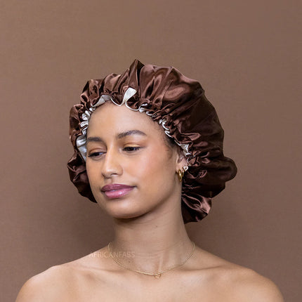 African Fabs Chocolate Brown Satin Hair Bonnet Reversable