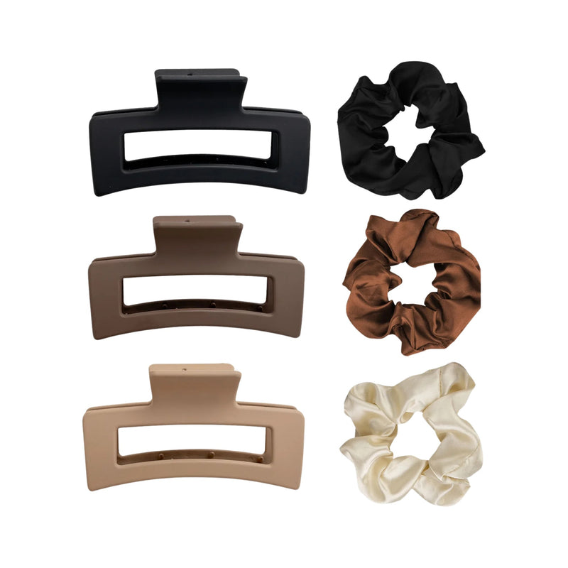Brushworks Natural Hair Clip & Scrunchie Set met satijnen scrunchies en haarklemmen.