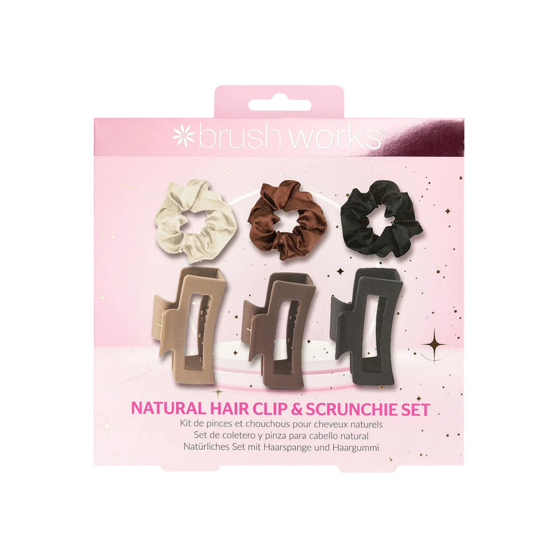 Brushworks Natural Hair Clip & Scrunchie Set met satijnen scrunchies en haarklemmen.