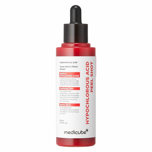 Medicube Hypochlorous ACID PEEL Shot, een zuiverend en kalmerend exfoliant serum voor het gezicht.