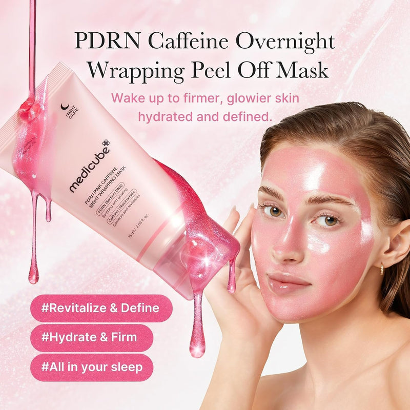 Medicube PDRN PINK Caffeine Night Wrapping Mask, een hydraterend peel-off masker voor de nacht.