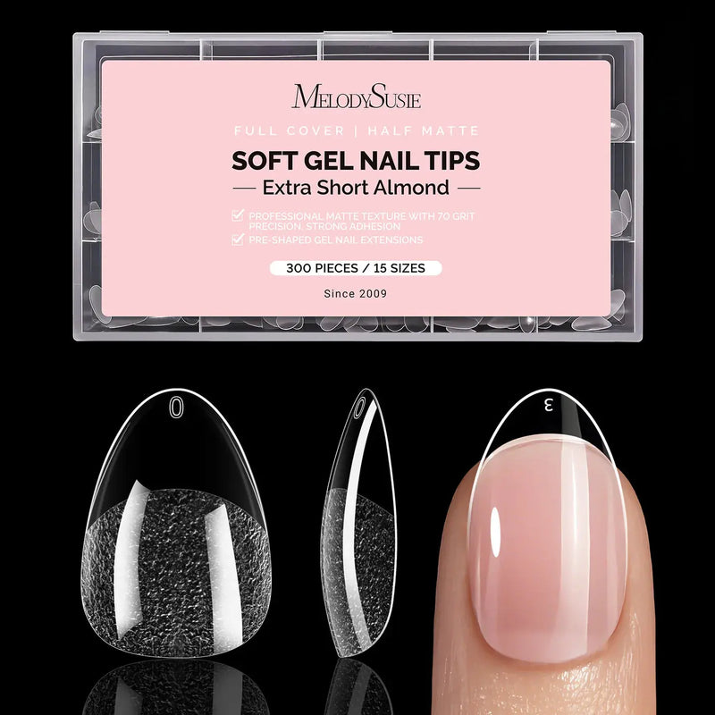 MelodySusie Half Matte Clear Acrylic Full Cover Nail Tips Extra Short Almond