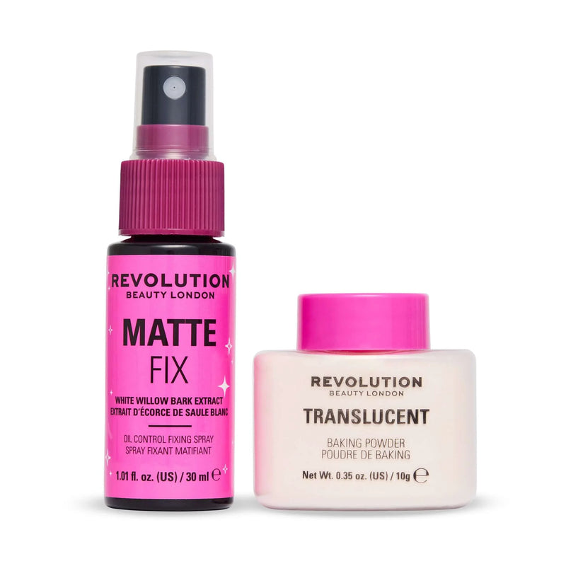 Revolution Mini Matte Fix Duo, set met translucent baking powder en matte fixing spray