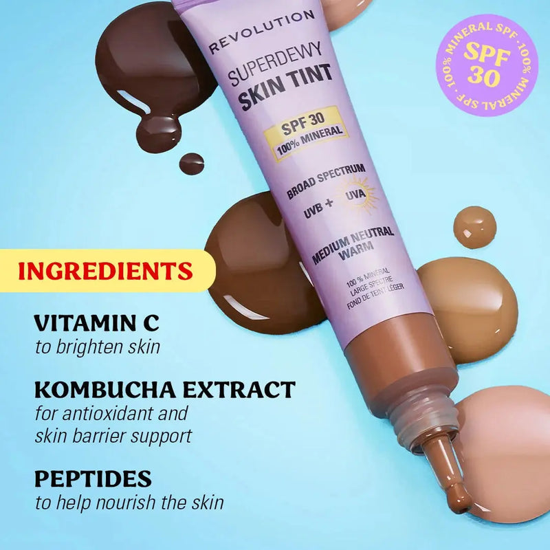 Revolution Superdewy SPF30 Skin Tint Medium Tan Warm, lichtgewicht foundation met minerale SPF30, foto 3 van 5