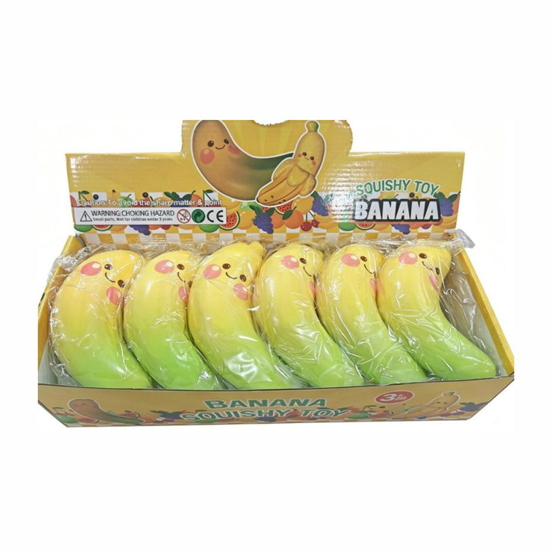 Squishy Slow Rising Banana Smiley Squishy, een slow rising squishy in de vorm van een gele banaan met een smiley.