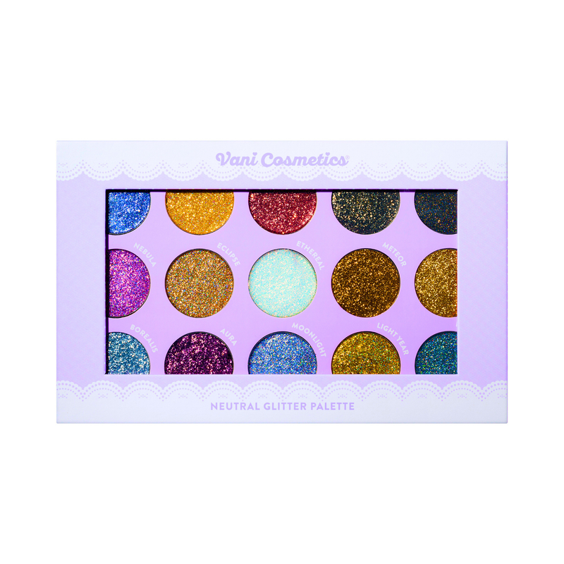 Vani Cosmetics Neutrals Glitter Palette, oogschaduwpalette met 18 neutrale glitterkleuren